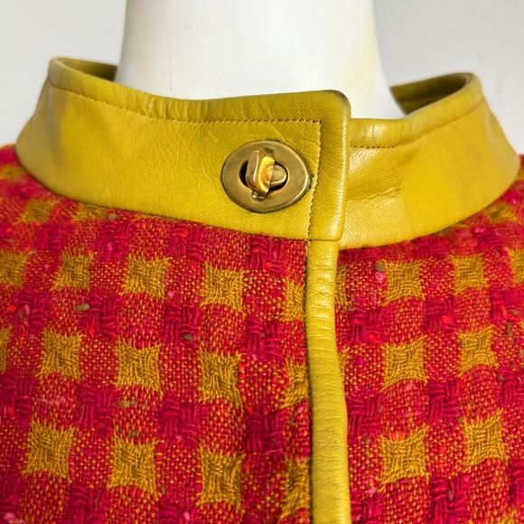 Bonnie Cashin for Sills Coat Large Pocket Pink Check Wool Lime Leather Trim 60s - Picture 4 of 14